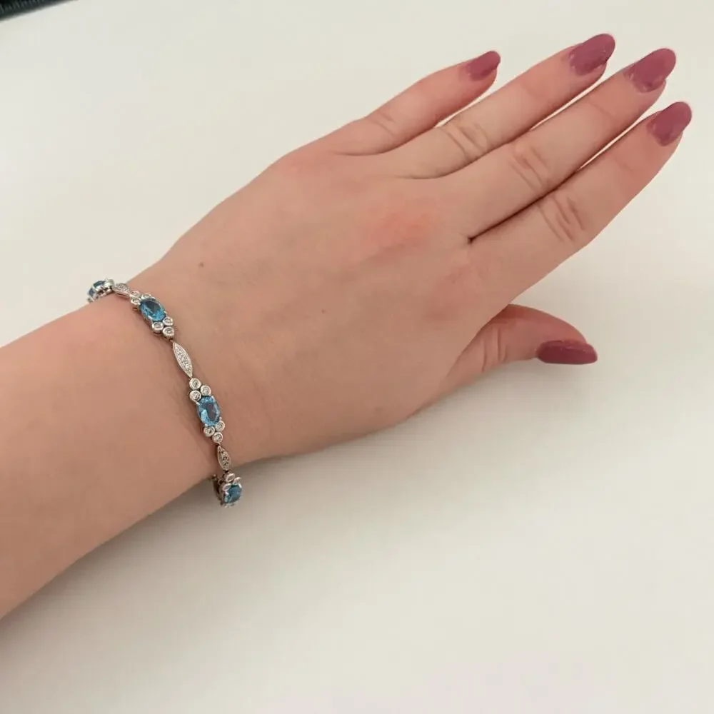 14K White Gold Blue Topaz & Diamond Bracelet